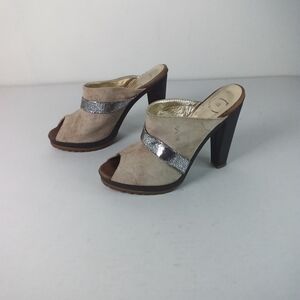 Roberto Cavalli Cream Suede High Heel Mules Metallic Strap